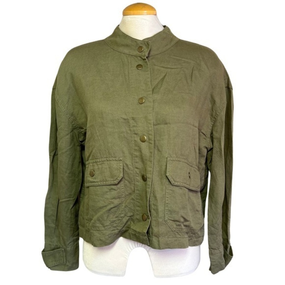 Nicole Miller New York Womens Linen Jacket Snap Flap Pockets Mock Neck Lrg